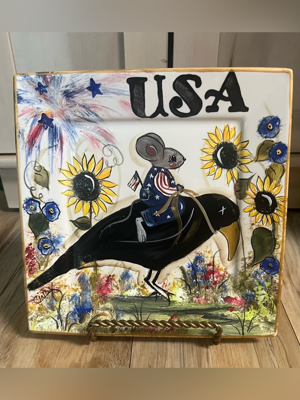 10.5 X 10.5 - Hand painted Plate - USA - sunflowers - Crow - Mouse *Decor Only*